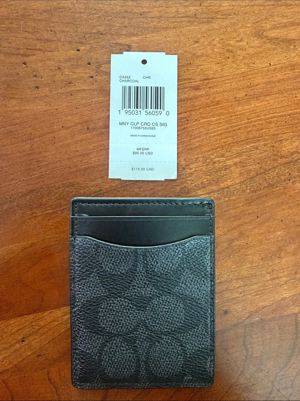 Coach Black Signature Pattern Leather Card Holder Wallet with Money Clip